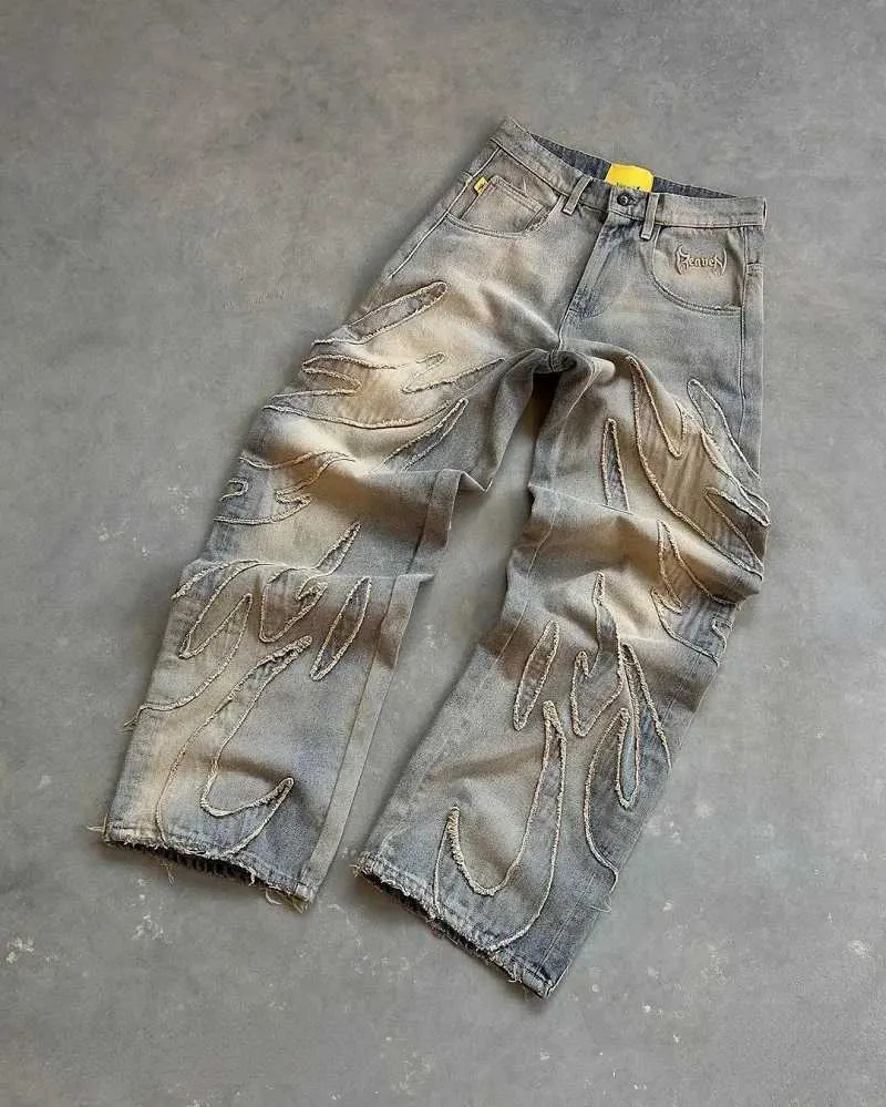 メンズジーンズY2Kヨーロッパとアメリカンの新しいスタイルのズボン刺繍特大の男性ハイストリットヒップホップストレートワイドレッグパンツ女性H240429