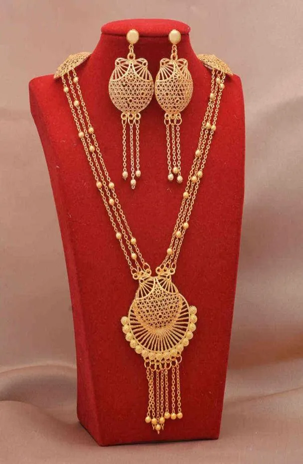 Dubai smycken sätter 24k guldpläterad lyx afrikanska bröllop gåvor brud armband halsband örhängen ring smycken set för kvinnor 2113135809