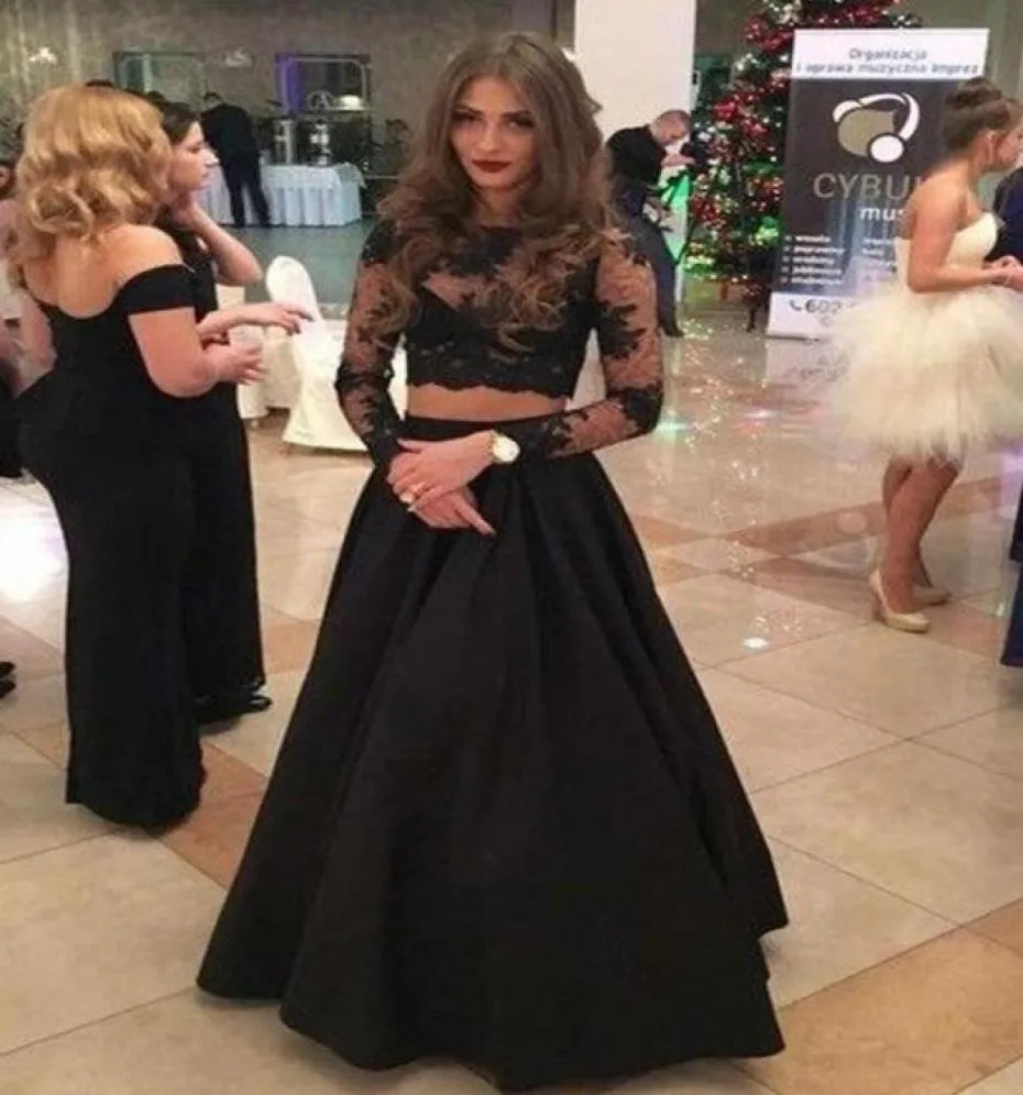 Sexy Black Two Pieces Prom Dress with Long Sleeves See Through Party Gowns Beautiful A Line Formal Pageant Evening Dresses8834944