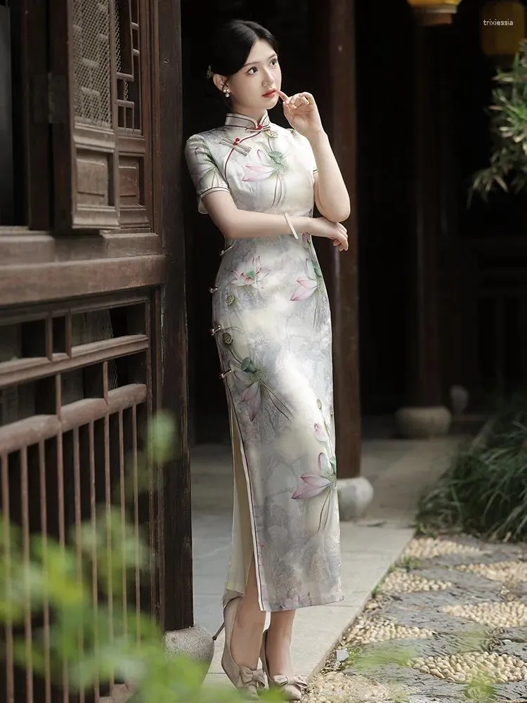 Ubranie etniczne Cheongsam sukienki Women Slim Fit 2024 Summer Rayon Blend nadruki z krótkim rękawem tradycyjny chiński styl qipao sukienki Kobieta