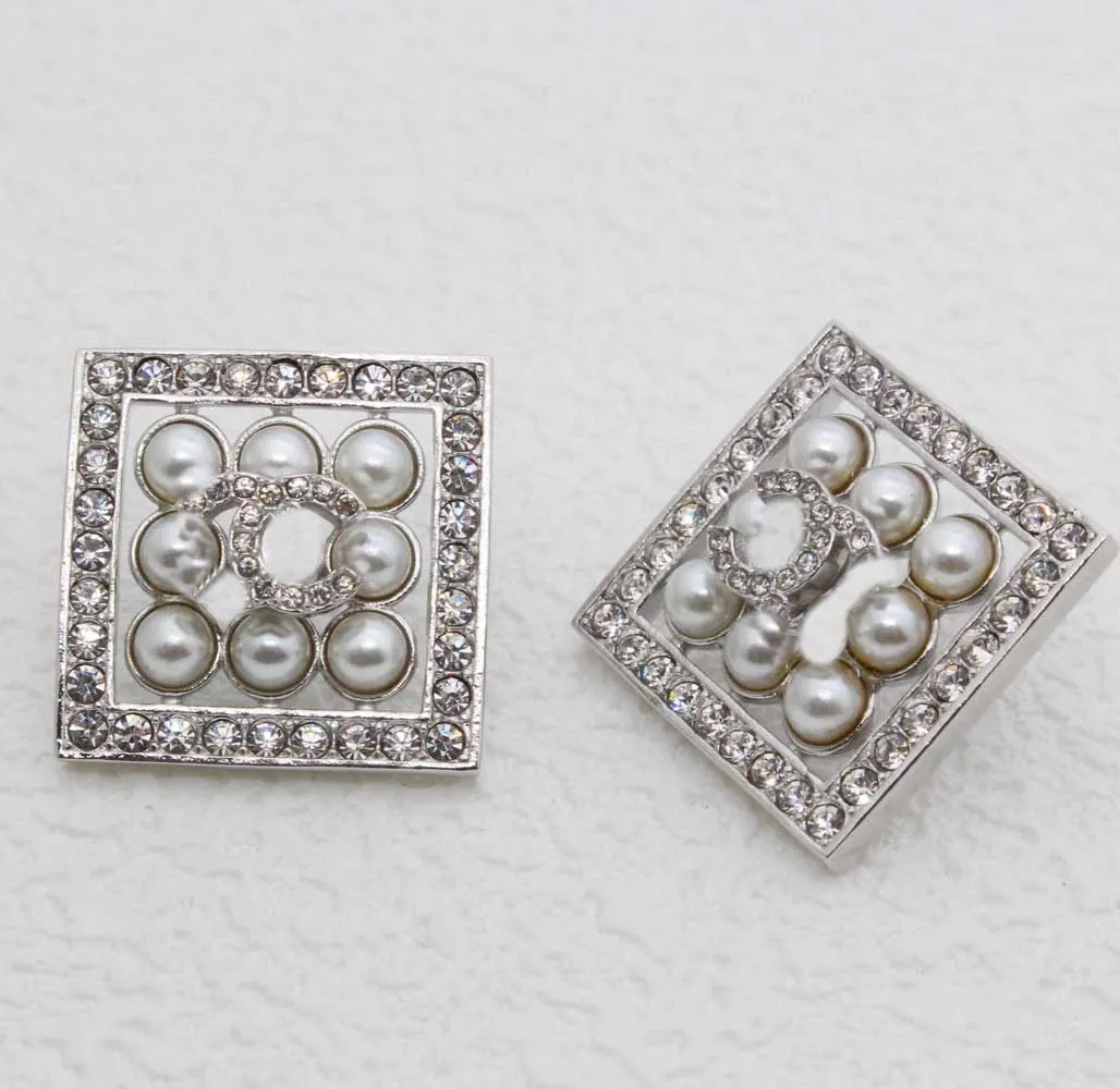 Luxury quality charm square shape stud earring brooch with diamond and white nature shell beads in silver plated have stamp box PS3524B