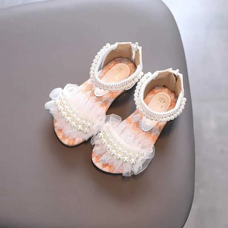 Sandalen Girls Sandalen Lace Pearl Zipper Sweet Luxury Summer Children Sliders Open Teen 21-36 Peuter Fashion Soft Dance Kids Sliders