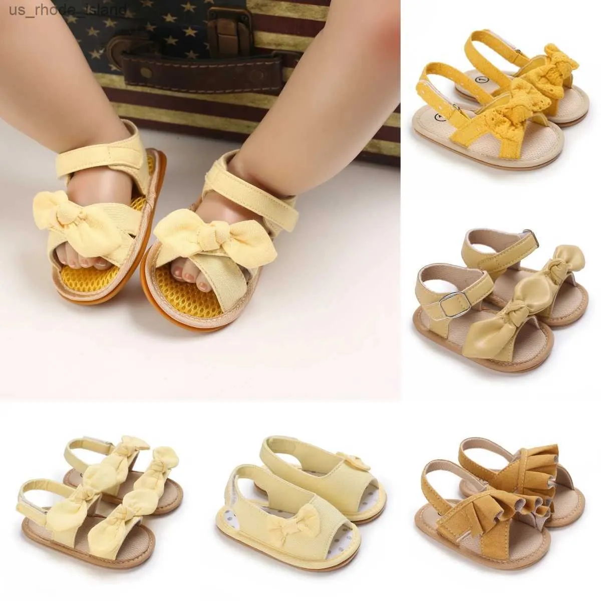 Sandaler söta sommarsandaler gul prinsessa båge dekoration avslappnad mjuk gummisula anti slip singel skor 0-18m baby promenadskor240429