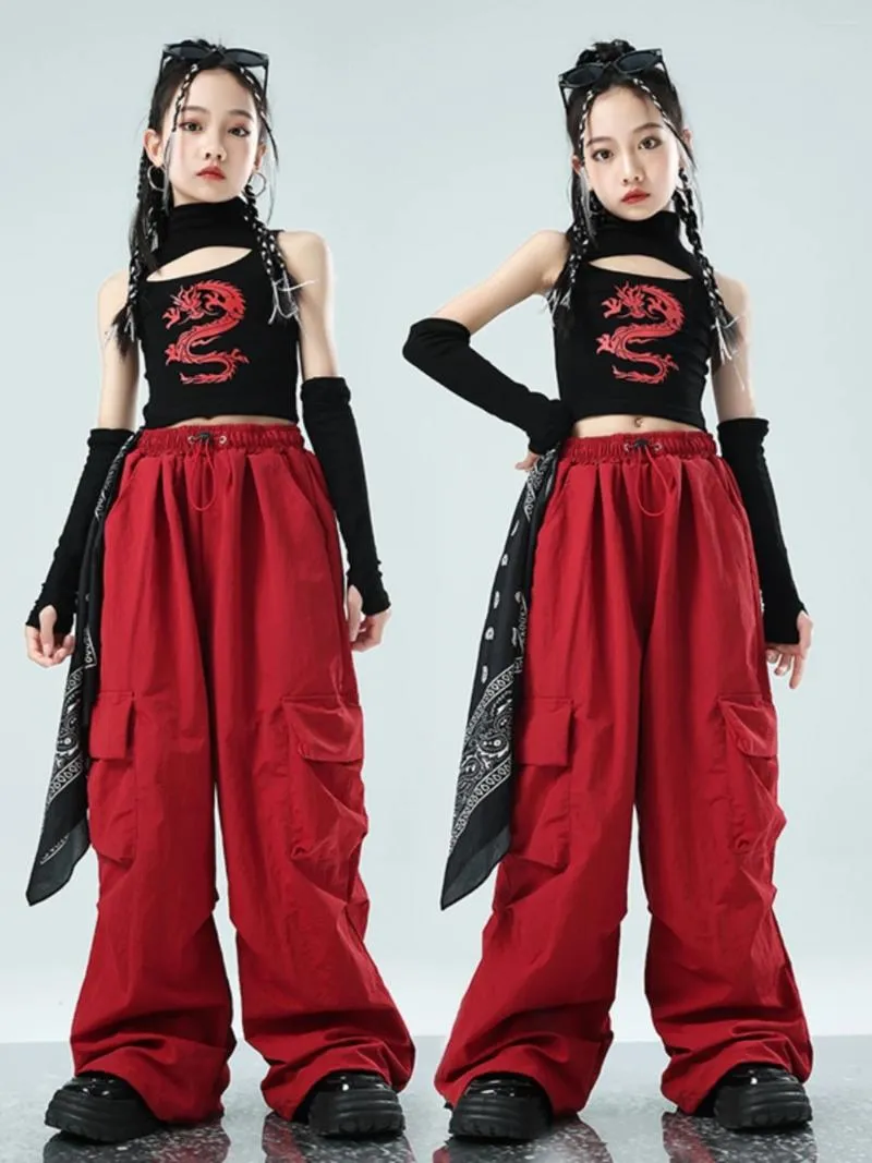 Stage Wear Hip Hop Girls Clothes Summer Black Vest Red Cargo Pants Jazz Dance Costume Competition Clothing Kpop Performance Suit BL12618