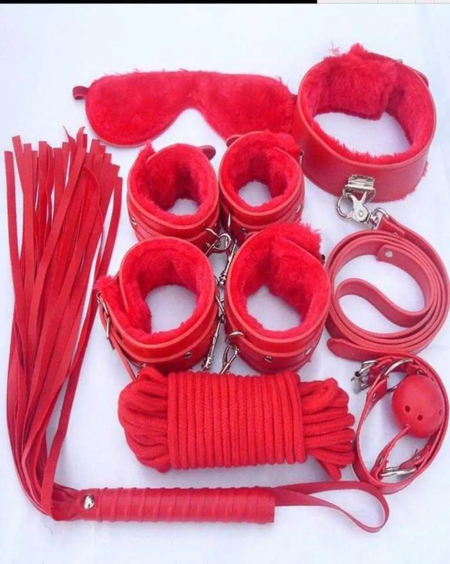 Faux gevoerde terughoudendheid set gag zweep hand enkel manchetten blinddoek nek kraag r988517889