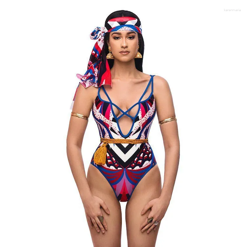 Swimwear Women's European and American MAINTRAGES Femmes High Taist Cover Belly Totem Printing Bikini