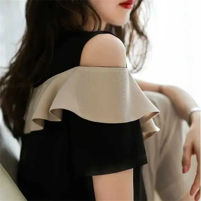 Women's Blouses Shirts Women Spring Summer Style Blouses Shirts Lady Casual off Shoulder O-Neck Short Slve Patchwork Blusas Tops MM0377 Y240426