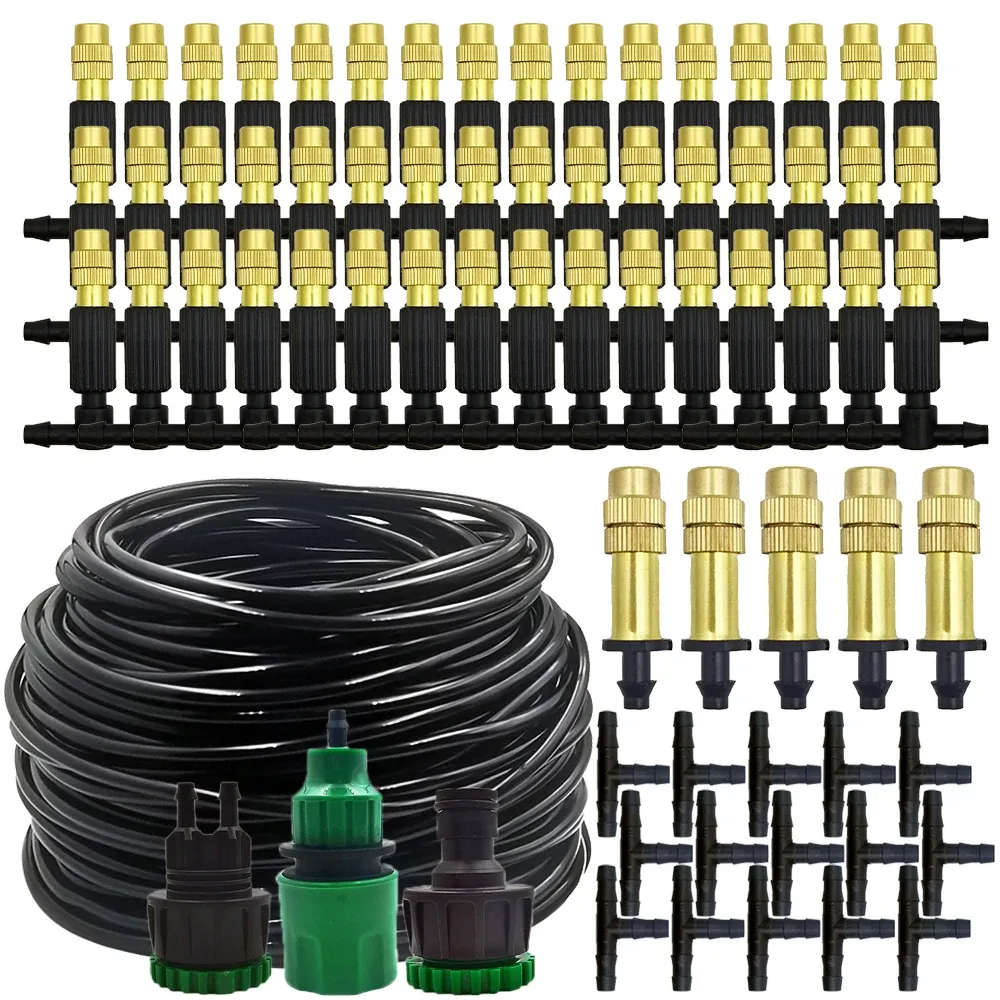 Decorations 5M30M Outdoor Misting Cooling System Garden Irrigation Watering 1/4'' Brass Atomizer Nozzles 4/7mm Hose for Patio Greenhouse