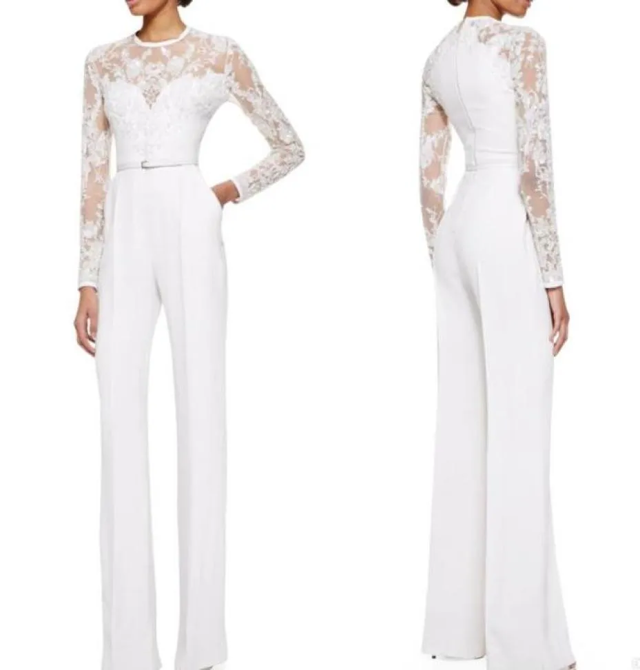 2019 Biała Elie Saab Mother of the Bride Pant Suits kombinezon z długimi rękawami koronkowe ozdobne damskie sukienki