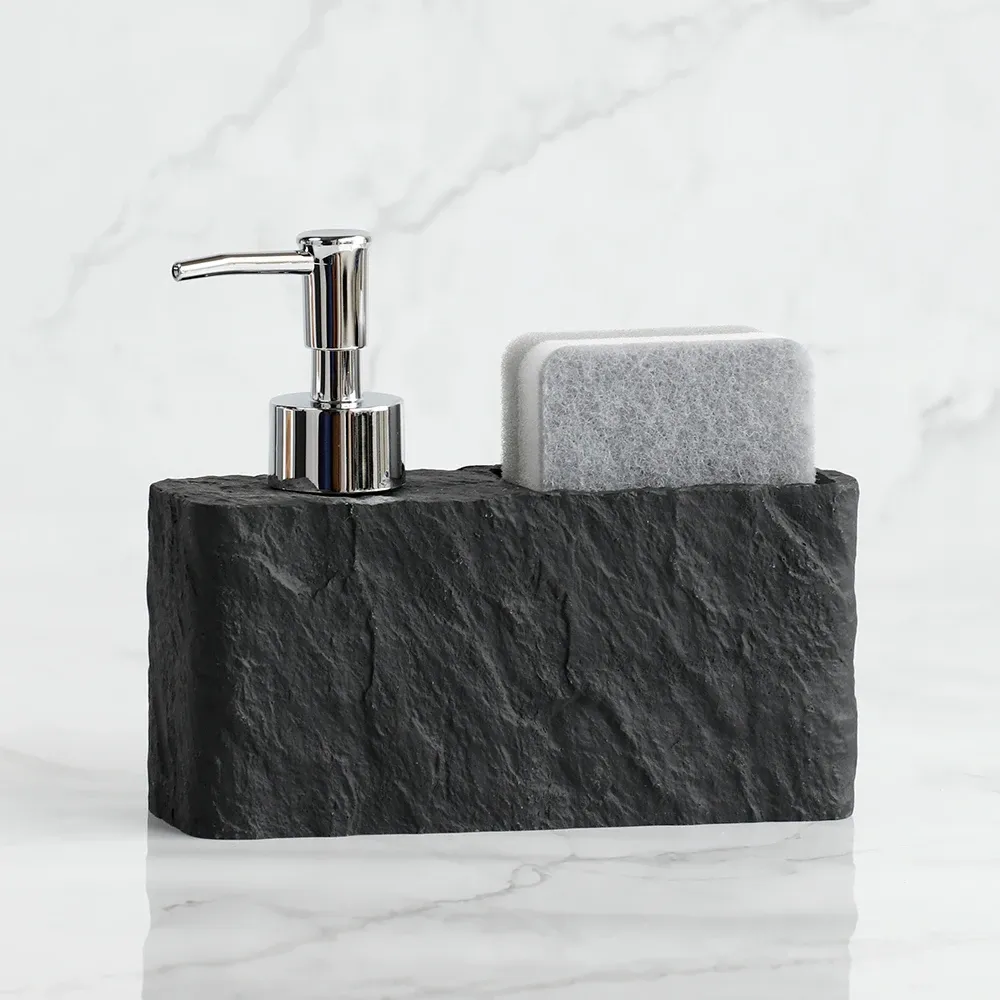Zet zeepdispenser met spons gootsteen en badkamerzeep dispenser imitatie zwarte rots vloeistof hand en afwasmiddel dispenser