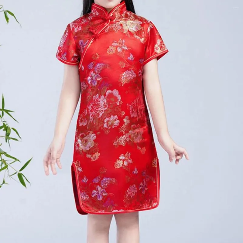 Casual jurken meisjes Chinees jaar korte mouwen pioenbloem qipao retro knop cheongsam elegante jurk staande kraag kinderen