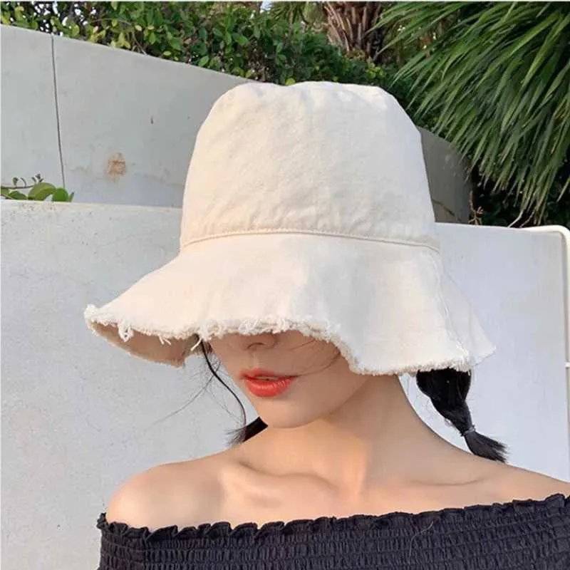 Wide Brim Hats Bucket Hats Mens Tassel Brim Bucket Hat Womens Cotton Folding Fisherman Hat Womens Beach Tourism C Outdoor Sunscreen Hat J240429