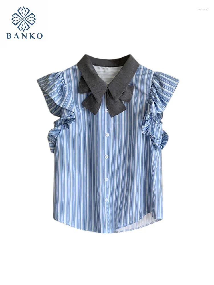 Blouses pour femmes Preppy Style à manches volantes rayées Polo-cou tops printemps été élégant bureau de conception de bouton de bow