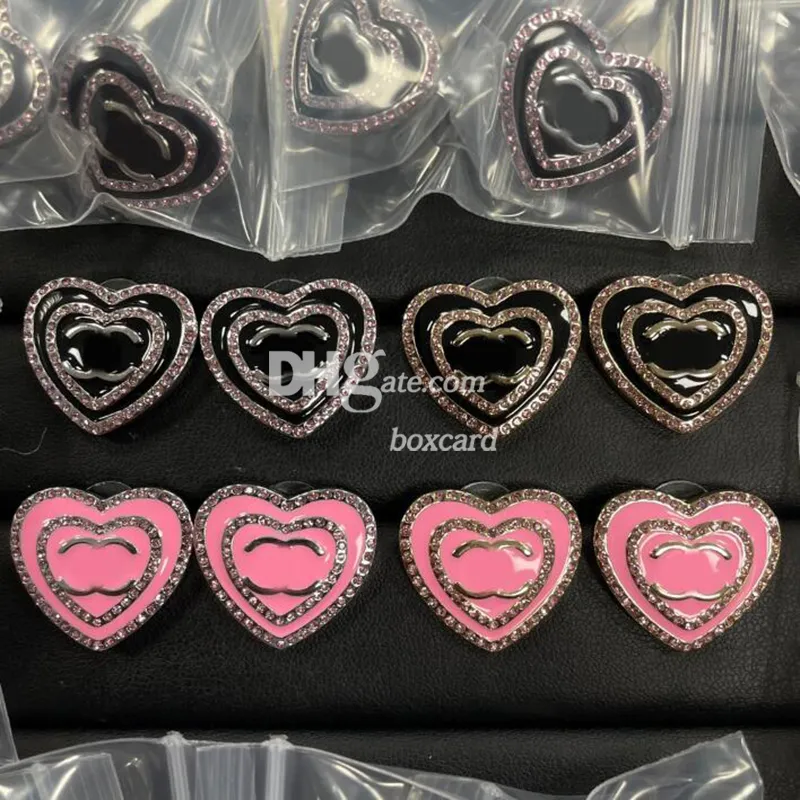 Pink Heart Lovely Earring Studs Shiny Rhinestone Simple Earrings Letter Ear Nails With Box