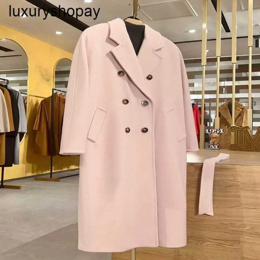 Maxmaras Cashmere Coat Womens Wool Coats 2024 Winter M Classic 101801 Cherry Blossom Pink Double Breasted for Men och High End Long Outw