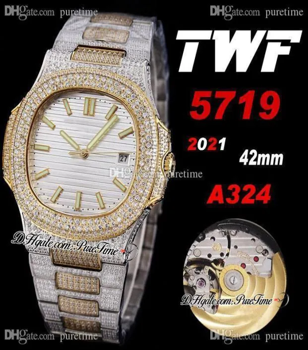 2021 TWF 5719 CAL A324 Automatische heren Bekijk tweekleurige geel goud verharde diamanten kast zilveren wijzerplaat Iced Out Diamond Bracelet Super E2010754