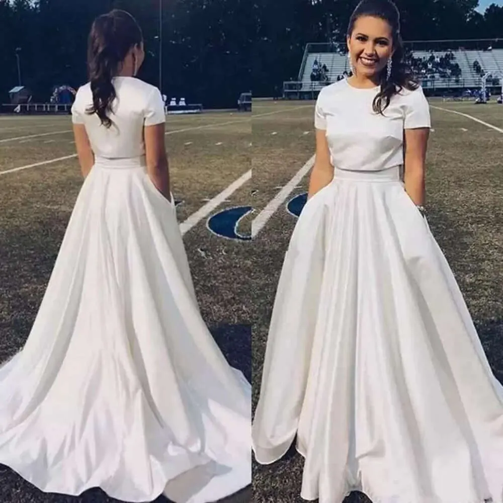 Stuk mouwen bruiloft korte bruid twee jurken jurk met zakken satin sweep trein plus maat op maat gemaakte juweel nek vestido de novia