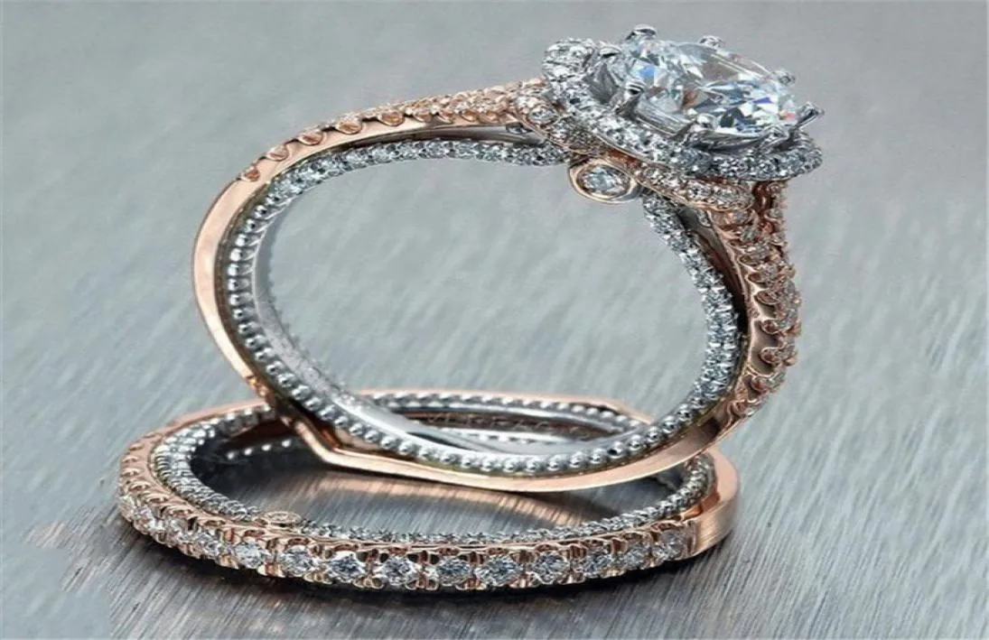2PCSLOT Rose Gold och Silver dubbelringar Set Engagement Cubic Zirconia Ring för kvinnliga kvinnliga damer Lover Party Wedding3195812