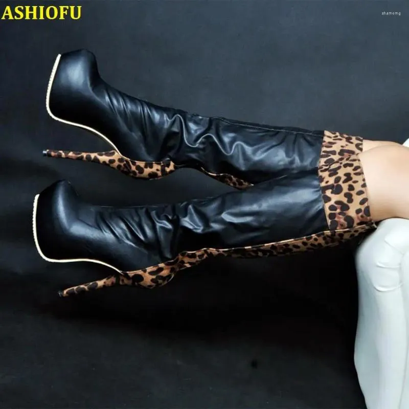 Boots ASHIOFU Handmade Classic Ladies Knee Round-toe Sexy Club Party Platform Leopard Fashion Winter Shoes