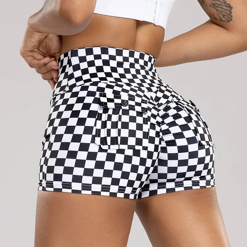 Shorts de ioga de impressão em preto e branco de xadrez para mulheres elevador de bunda de cintura alta com shorts de ciclismo ao ar livre 240429