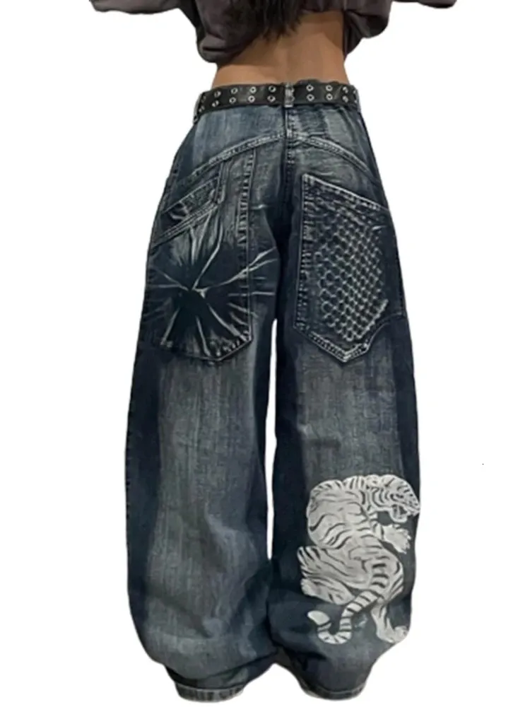Gotiska y2k baggy jeans för kvinnor hip hop streetwear blå jeans kvinnor grafiska retro jeans 90 -tal byxor harajuku hög midja byxor 240425
