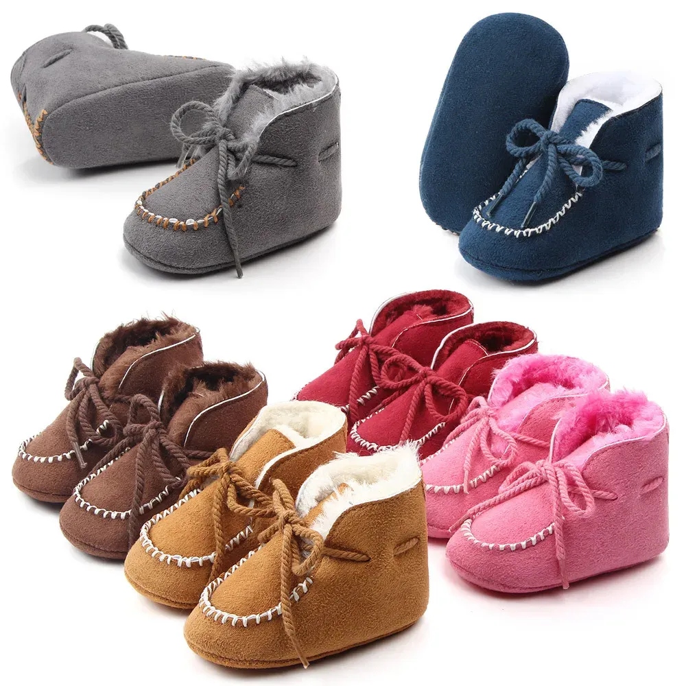 Boots 018M Infant Newborn Baby Girl Winter Snow Boot Solid Color Fleece Lining Thick Suede Boot with Nonslip Rubber Sole Fur Booties