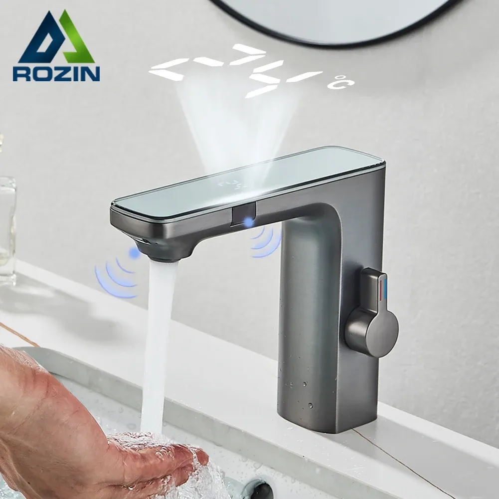 Set Touchless Sensor Basin kran Mässing Smart Digital Display Badrum Sänk Kranen Gray Sense Hot Cold Water Mixer Tap Batteris Power