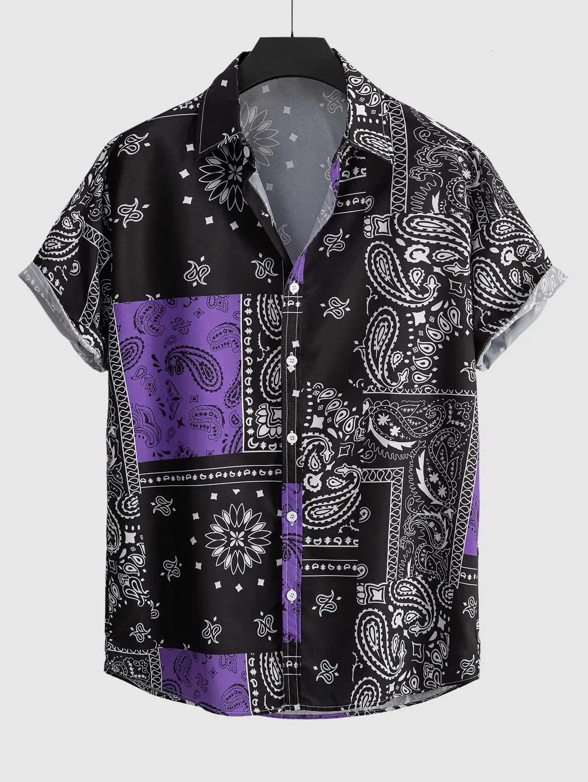 2024 мужчины Paisley Print Рубашка с коротким рукавом ретро Этнический График Мужские Мужские Терпдаун 4WAY ETENT FAMAN 240423