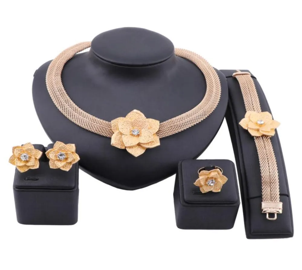 African Gold Color Flower sieradensets voor vrouwen bruids bruidsgeschenken feest ketting oorbellen ringset s Arabia Jewellery9737018