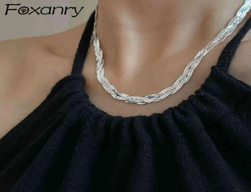 Foxanry 925 Collier de chaîne de clavicule en argent sterling couple accessoire accessoire à la mode élégant vintage tressé de texture bijoux 2953482