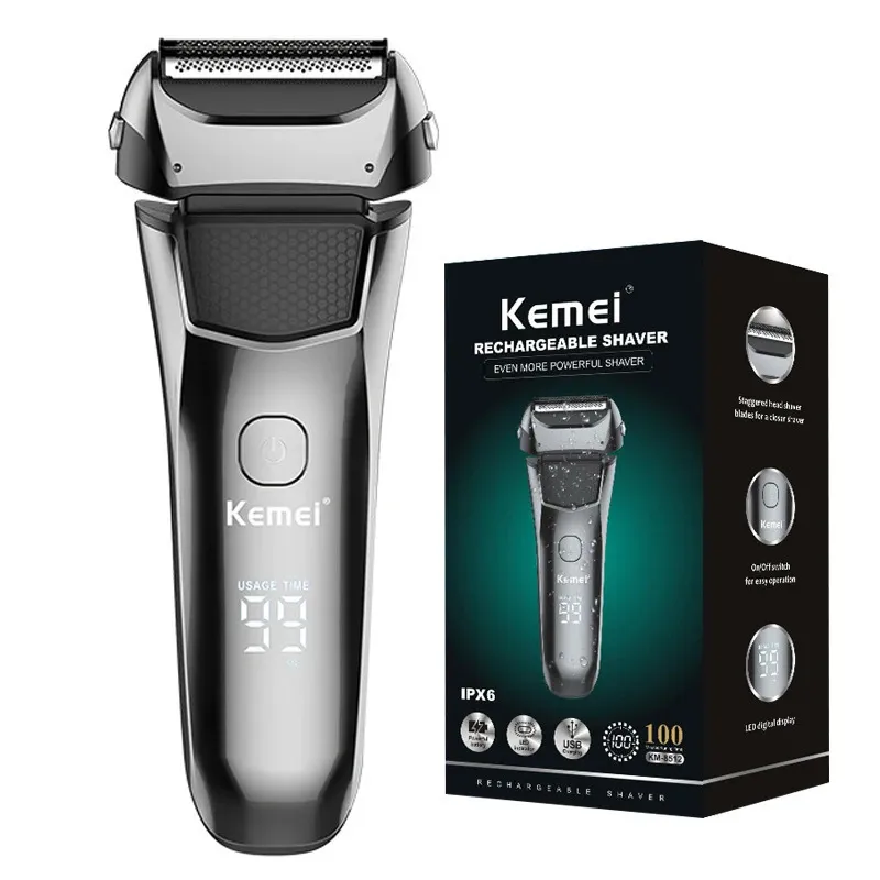 Kemei Wet Wet Dry Imperproof LCD Affichage électrique rasoir rasoir pour hommes raser pour le visage Rechargeable 240420
