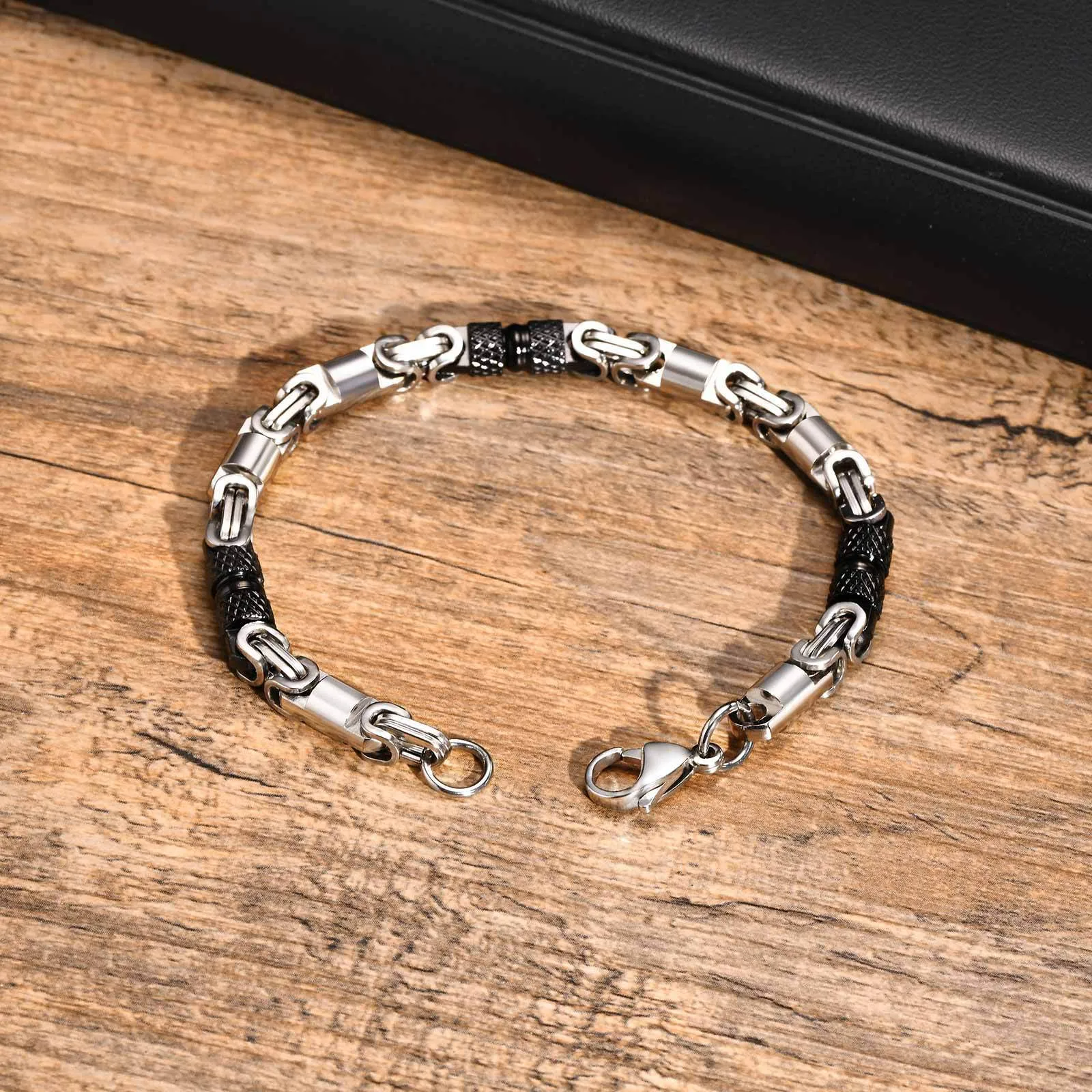 Bracelet de chaîne byzantine en acier inoxydable pour hommes pour hommes garçons 6 mm 8 pouces argent noir BR-1851