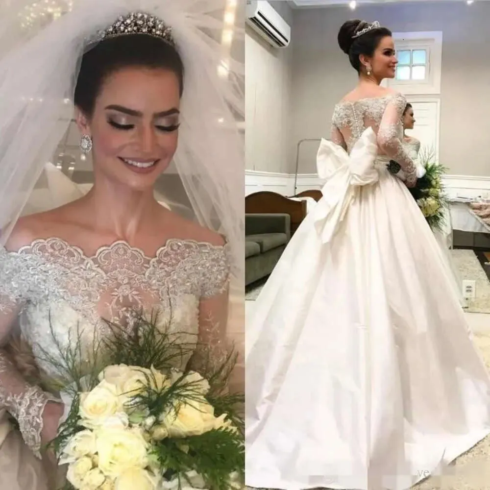 Ausschnittsärmel 2020 überbackene Kleider lang elegante Spitzenapplikation Sweep Zug Satin Bogen Ruch Hochzeitskleid Vestido de Novia