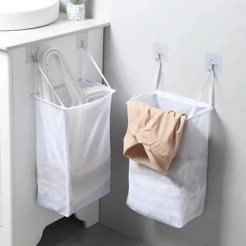 Cestas de armazenamento para cesta de lavanderia de parede saco de rede pendurada com adesivo para roupas sujas cestas de armazenamento banheiro de banheiro malha de malha cesto