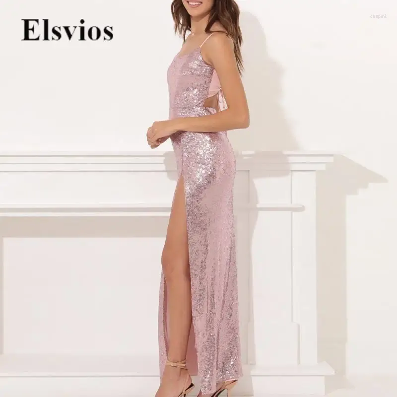 Vestidos casuais elegantes tipotas flenres flen long moda feminina mulher sólida e lantejoulas de lantejoulas sexy tie-up ladra de costas Alta noite dividida