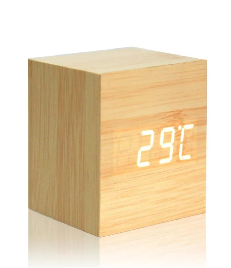 デジタル温度計LED目覚まし時計バックライトボイスコントロール木材レトログローデスクトップテーブル明るい目覚まし時計7037690