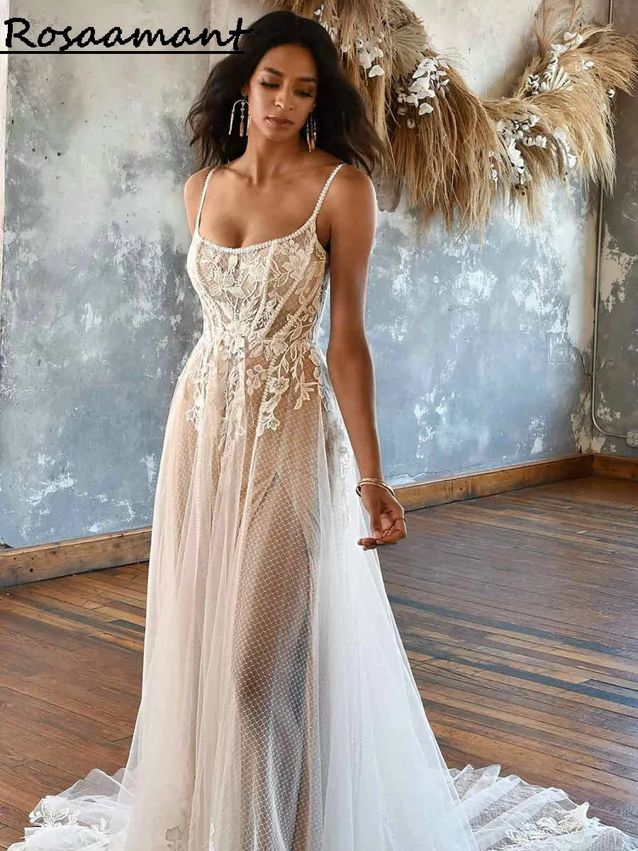 Cinghie di spaghetti bohémien aperte posteriori abiti da sposa appliques maniche abiti da sposa in pizzo abito da sposa