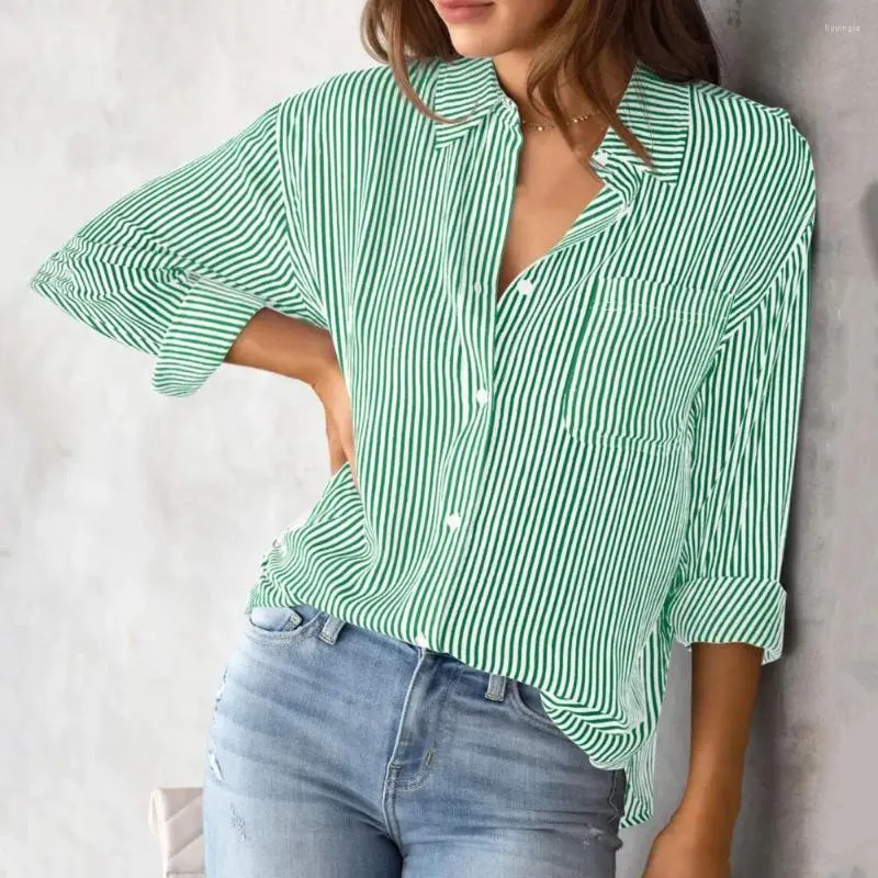 Kadın bluzları uzun kollu bluz moda dikey çizgili gömlek ile göğüs cebi ile rahat yaka gevşek fit sokak kıyafetleri için üst