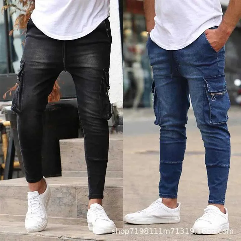 Mäns jeans herrar elastisk tät tår sida fickvätt ultratunna denim byxor cykel mode sport hip hop hop byxor jogga q240427