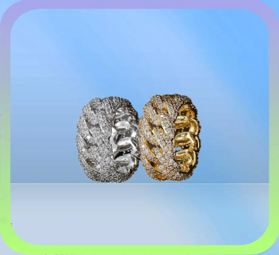10 mm hiphop 2 rijen cz stenen bling ijs uit ronde Cubaanse kettingvingerringen voor mannen rapper ring sieraden goud zilveren kleur253w8866851