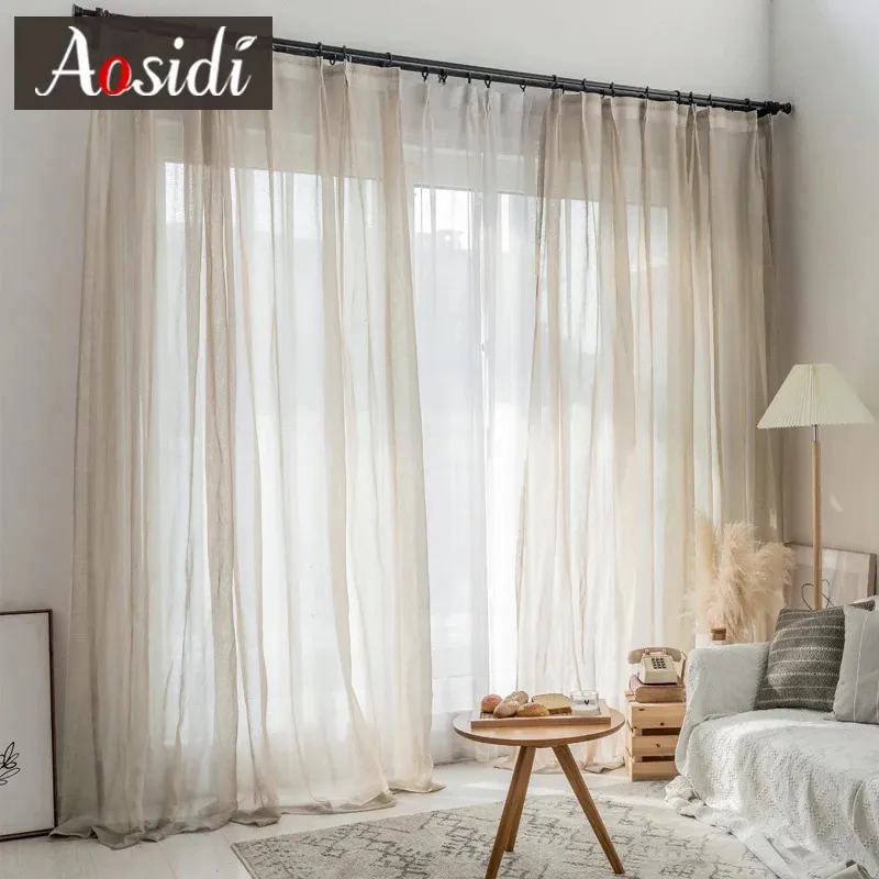 Beige linen tulle curtains for living room Modern flax sheer bedroom Solid voile curtain children window drapes 240422