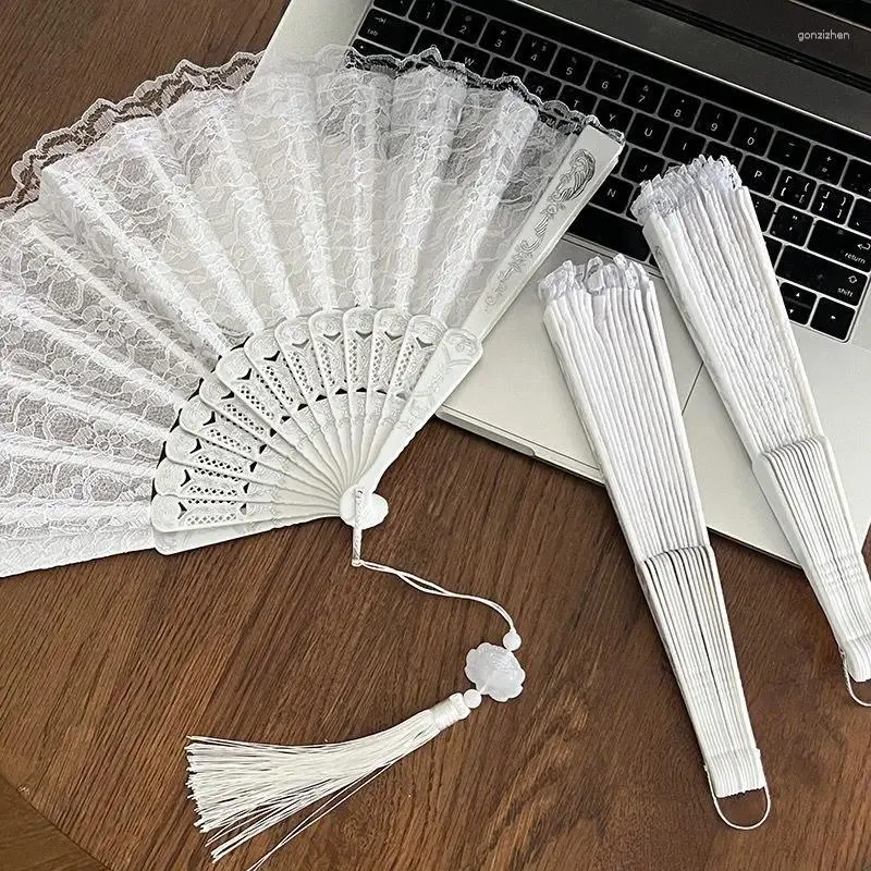 Decorative Figurines Chinese Hanfu White Lace Folding Fan Double-layered Plastic Wedding Home Ancient Bride Hand