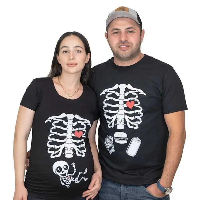 T-shirt femminile Donne in gravidanza Halloween Coppia di magliette con telaio a raggi X baby gravidanza Magni da uomo Amburgo Food Funny Annuncio di gravidanza Y2K vestiti2403