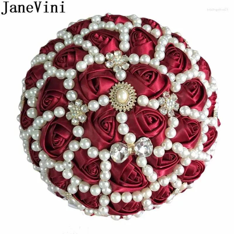 Fleurs de mariage Janevini Luxury Flores Bourgogne Bouquet de perle nuptiale Bouquet de rose en satin perlé