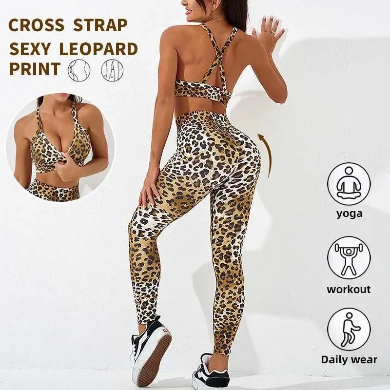 Tracksuits voor dames sexy luipaard printpak set vrouwen naadloze sportpak high taille kont lift leggings backless cross -riem bra gym workout set y240426