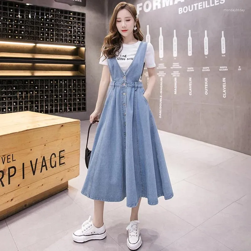 Women's Casual Denim Dress, High Waist Strap, Single Breasted Sleeveless  Vest, A-Line Mid-Length Frock, Perfect for Spring and Summer