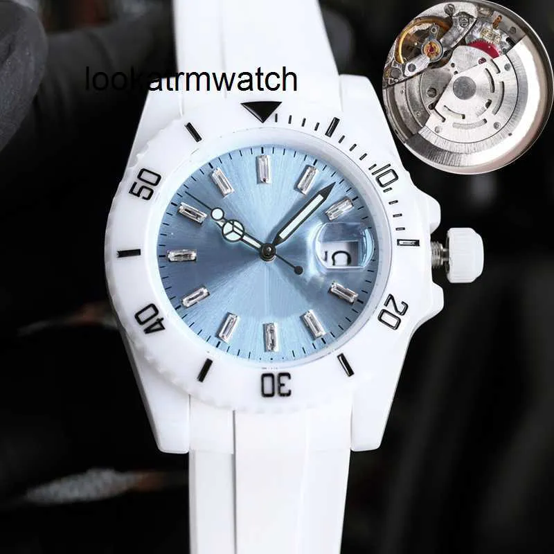 Automatisch horloge RLX -typen witte keramische kast luxe subhorloge schone fabriek mannen automatische lichtblauwe wijzerplaat rubberen band zwemmen polshorloges