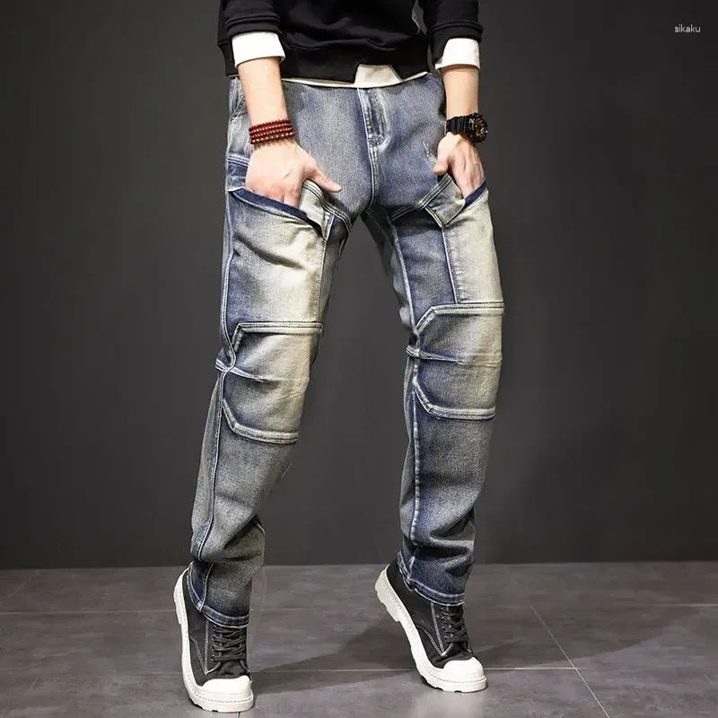 Mäns jeansbyxor med fickor för män last raka manliga cowboybyxor grunge y2k 2024 mode trend denim 90s streetwear soft xs