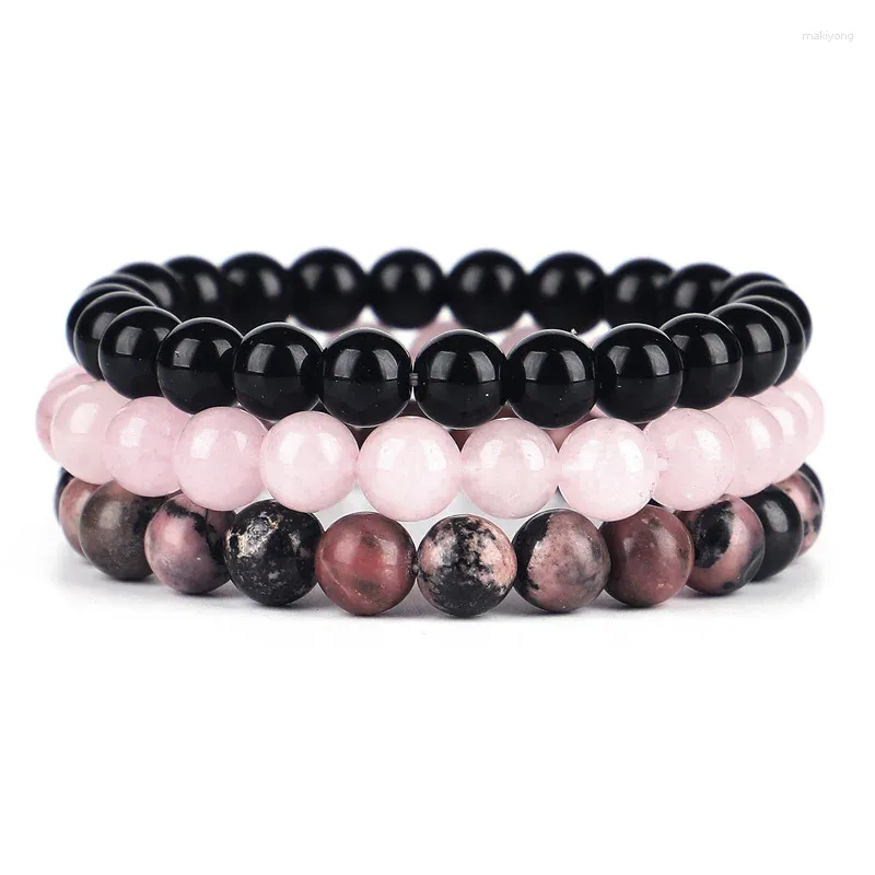 Strand 3 Piece Energy Healing Stone Beaded Bracelet Set Natural Rose Quartz Rhodochrosite Gemstone Stretch Bracelets For Women