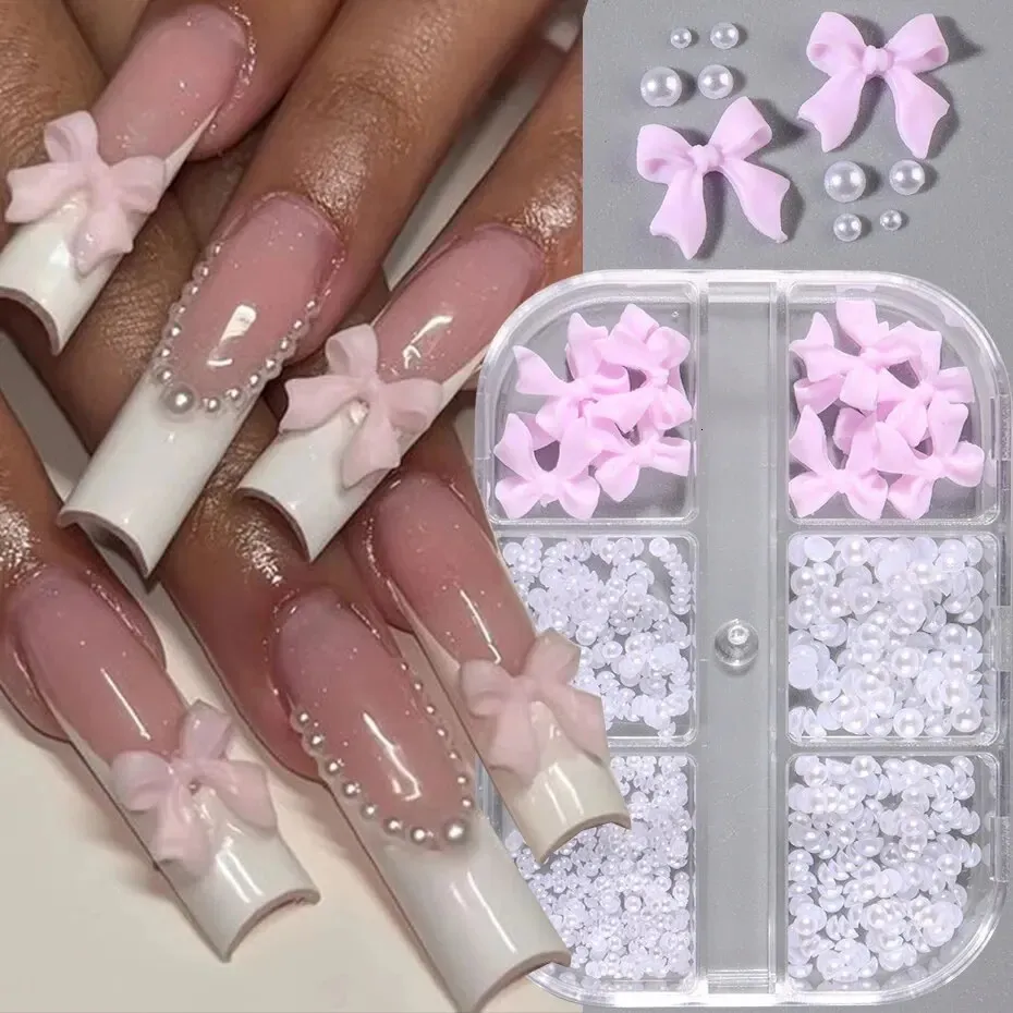 1 caixa kawaii mini arco 3d decorações de arte de unhas fofas brancas pregos charmms designs Diy rosa